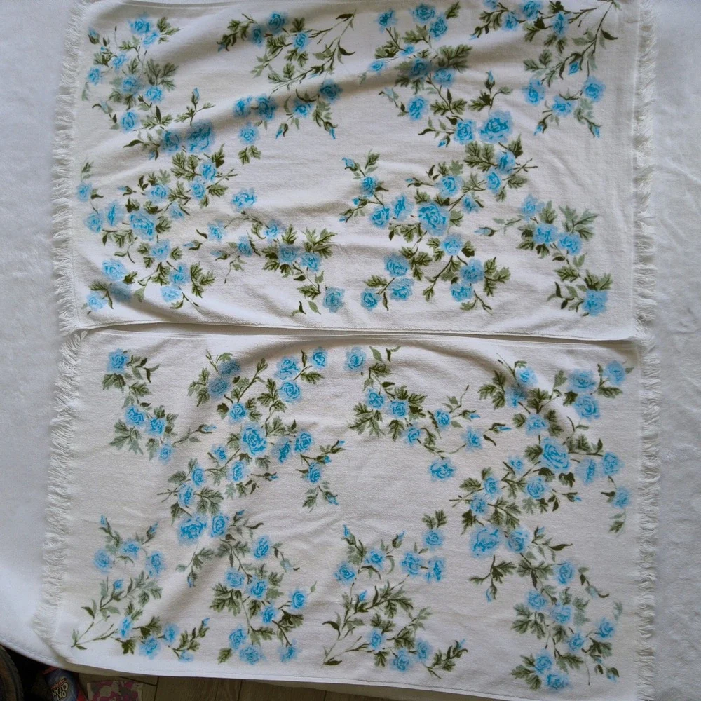7 Vtg Martex Terri-Down Towel Set West Point Pepperell Blue Floral Fringe MCM